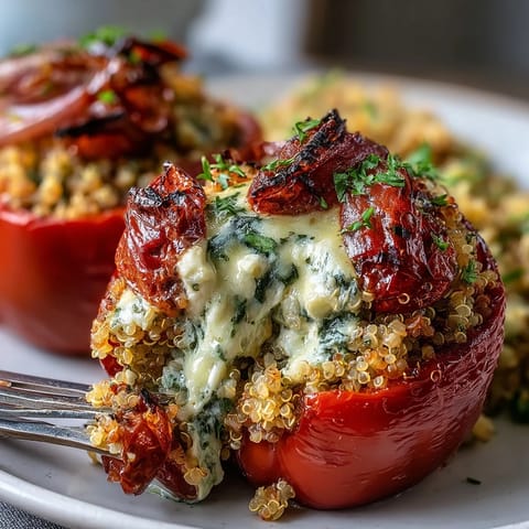 Vibrant quinoa stuffed bell peppers with roasted vegetables and creamy goat cheese, baked until tender and golden for a wholesome vegetarian meal.  