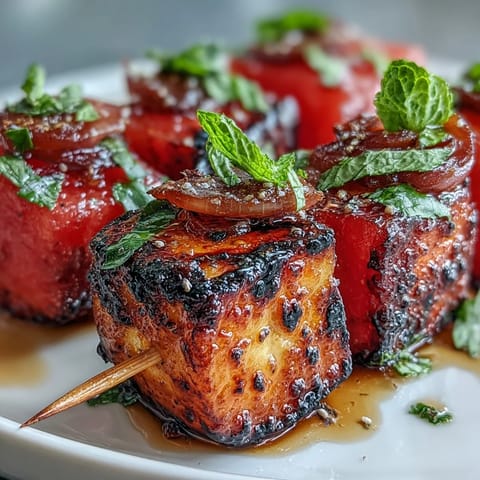 Grilled halloumi skewers with watermelon and mint, perfect for summer barbecues and vegetarian appetizers.