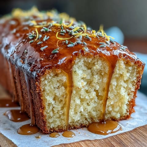A moist lemon lavender loaf cake with honey glaze, perfect for afternoon tea or dessert gatherings.