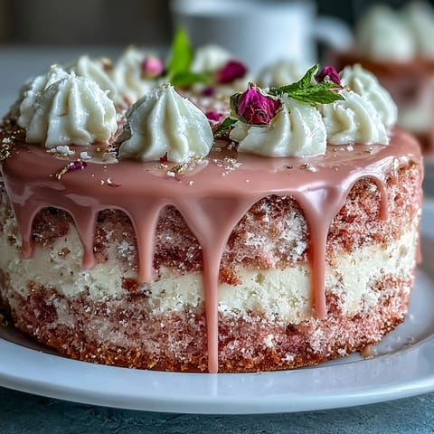 Bridal Shower Rosé Velvet Cake: a blush tower with shiny gold drip.