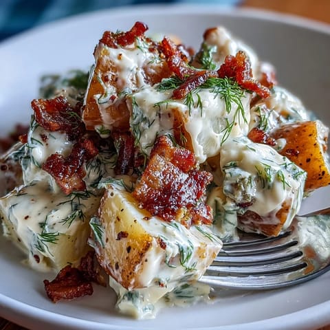 Memorial Day Potato Salad with Dill and Bacon in a large white bowl, garnished with crispy bacon and fresh dill sprigs.  