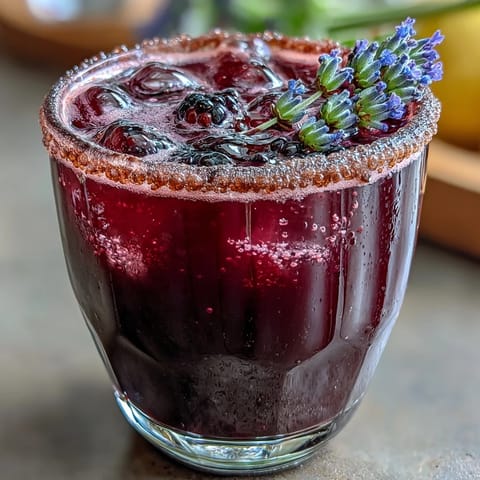 A sparkling blackberry lavender lemonade fizz with vibrant berries and a floral twist, served over ice in a clear glass.