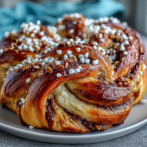 A batch of golden Swedish cardamom buns, soft and buttery with fragrant cardamom filling, topped with crunchy pearl sugar for a classic Scandinavian treat.
