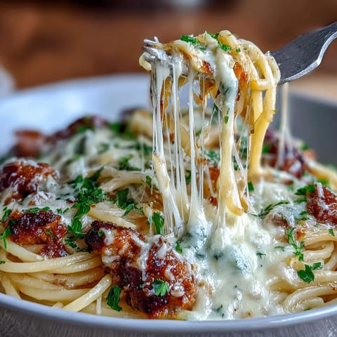 Million Dollar Spaghetti baked to golden perfection with layers of rich meat sauce and creamy Alfredo.