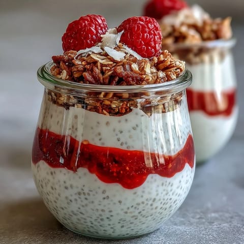 Bright and creamy lemon chia pudding parfait topped with homemade raspberry compote and granola for a healthy dessert.  