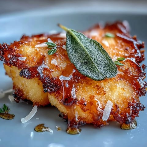 Golden brown butter sage gnocchi served in a skillet with crispy sage leaves and a sprinkle of Parmesan cheese.