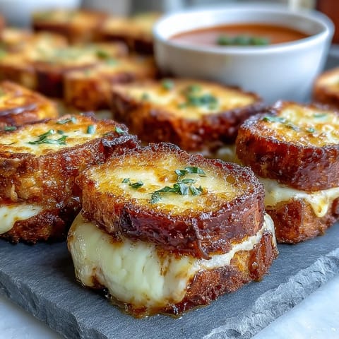 Crispy, cheesy mini grilled cheese dippers alongside warm, rich tomato soup bowls.