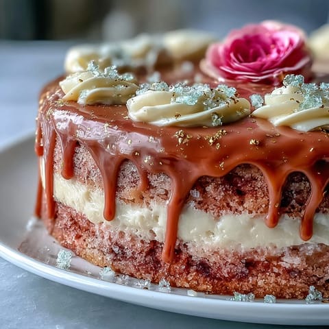 Luxurious rosé infused velvet cake, dripping with edible gold, ready to celebrate.