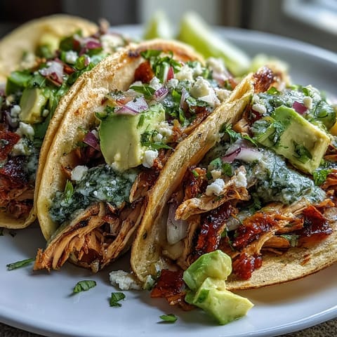 Tender Slow Cooker Salsa Verde Chicken Tacos piled high, ready for taco night.