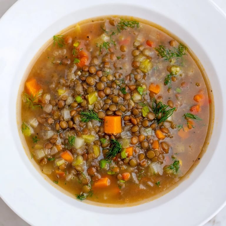 Hearty and delicious, this classic lentil and herb soup features a medley of vegetables easily enjoyed.