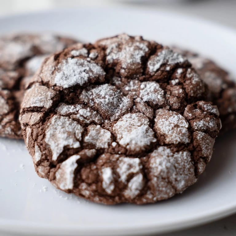A warm, freshly baked batch of Simple Chocolate Crinkle Cookies with beautiful crackled tops on a baking sheet.