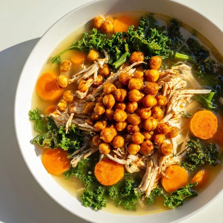 A warm bowl of Chicken Kale Soup, complete with crispy chickpeas, is perfectly comforting.