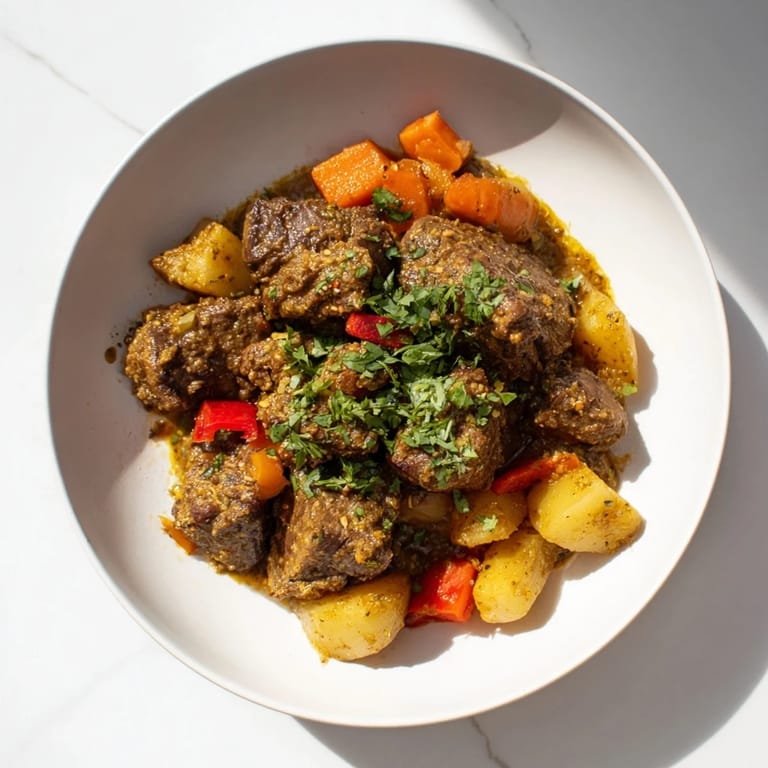 Brightly spiced, hearty Instant Pot Middle Eastern Lamb Stew, served with fresh herbs, is ready to enjoy.