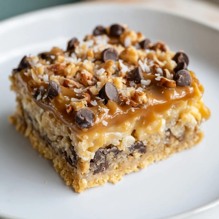 Close-up of baked 7-Layer Magic Bars, showing their decadent mix of chocolate, coconut, and nuts.
