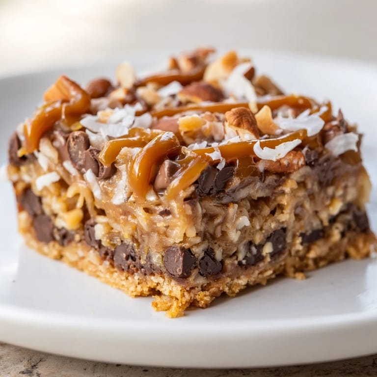A stack of rich 7-Layer Magic Bars, drizzled with salty caramel, perfect for an indulgent dessert.