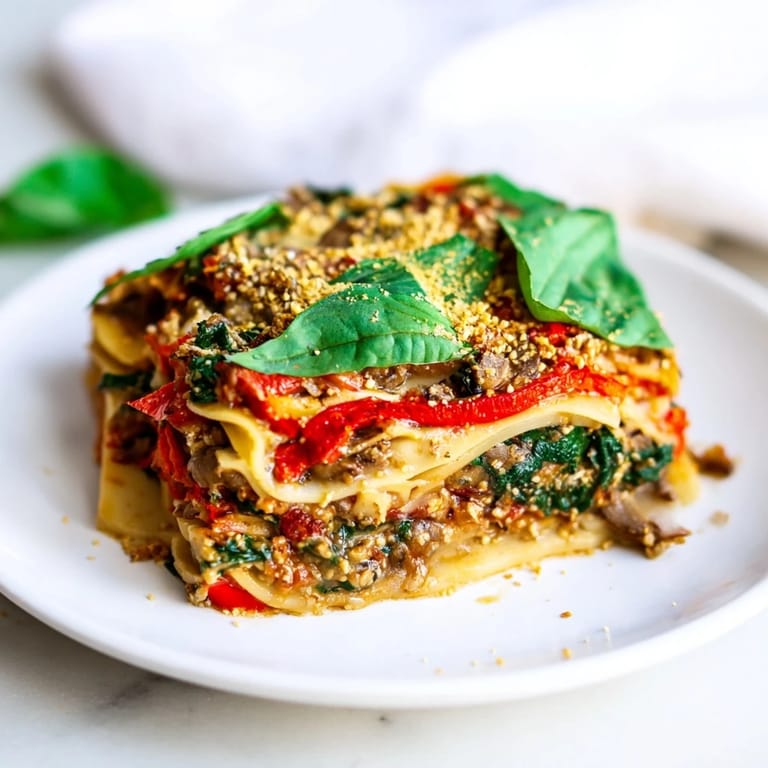 This vegan lasagna is layered with a rich mushroom-spinach bolognese, baked to golden perfection.