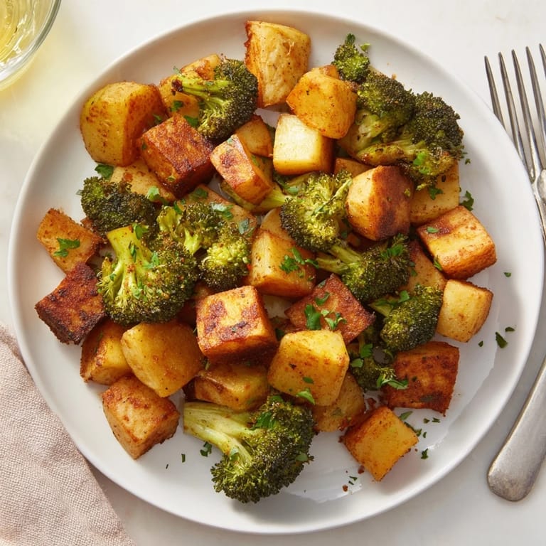 Freshly made Roasted Lemon Potatoes and Broccoli, a vegan side dish with bright lemon zest.