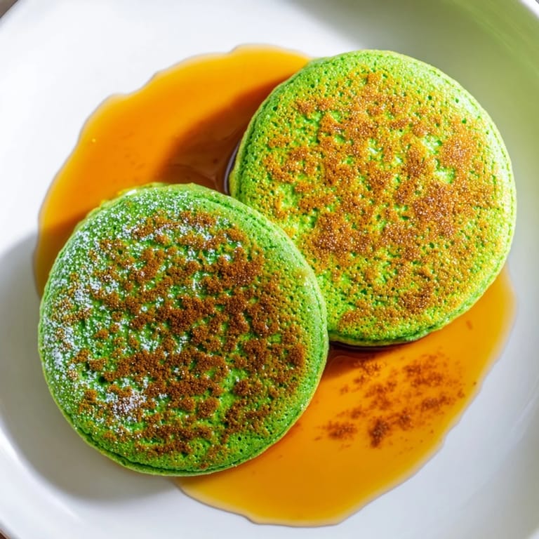 A stack of towering, airy Egg White Gingerbread Matcha Soufflé Pancakes, ready for a delicious brunch.