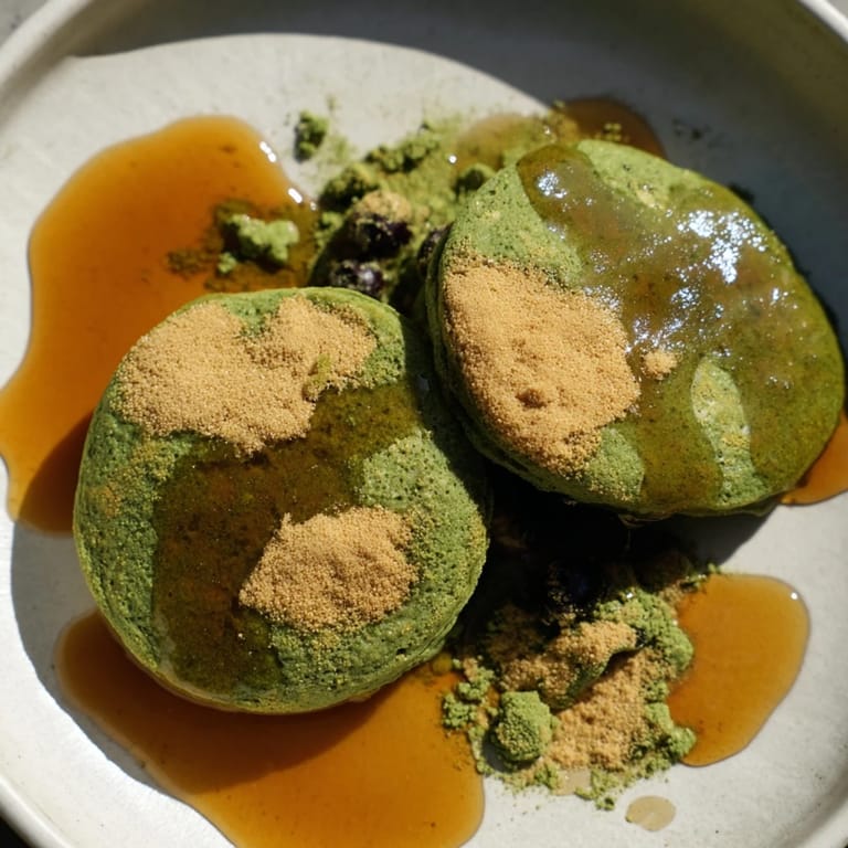 Picture soft, pillowy Egg White Gingerbread Matcha Soufflé Pancakes, served with powdered sugar, ready to enjoy.