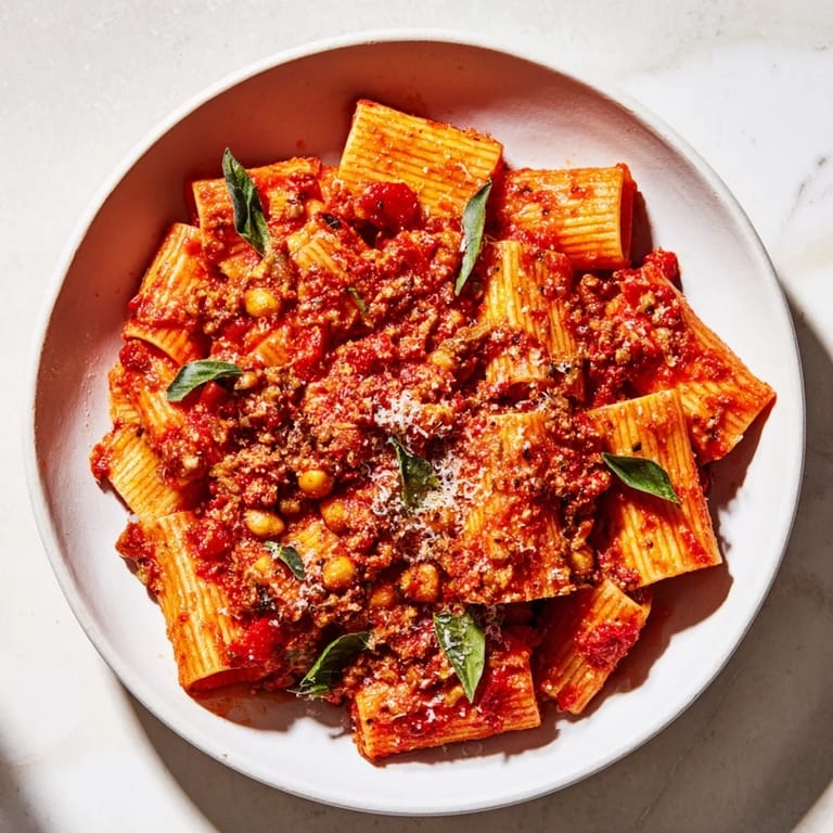 Golden, crispy chickpeas crown this Spicy Arrabbiata Roasted Chickpea Crunch Pasta, ready to be enjoyed.