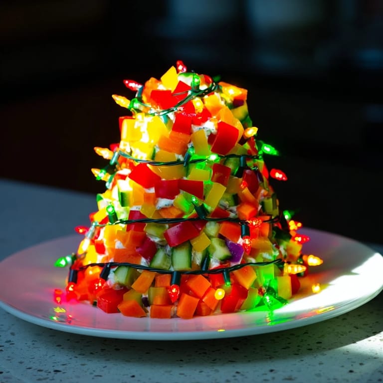 Freshly sliced Rainbow Veggie Christmas Lights Wrap Pinwheels showcasing vibrant veggies nestled in creamy layers.