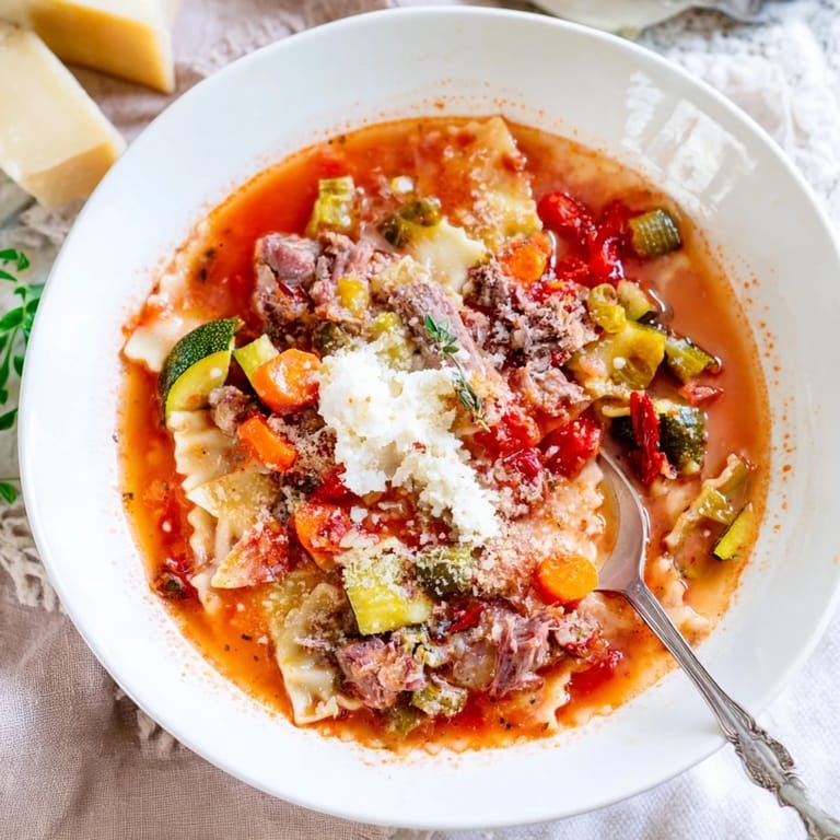 This beautiful Healthy Lasagna Soup Christmas Pasta Bowl has a creamy ricotta cheese topping with fresh herbs.