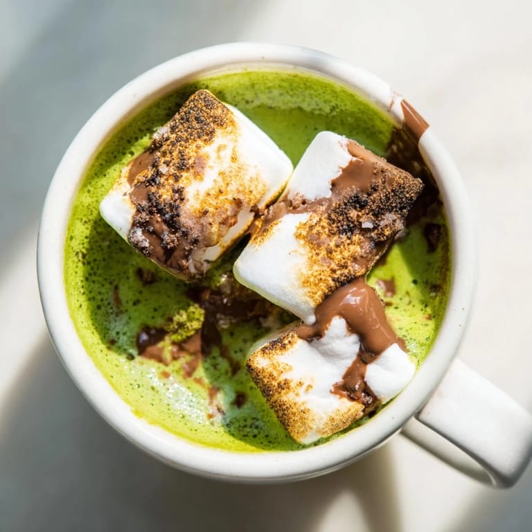 Warm, creamy Toasted Marshmallow Campfire Matcha Hot Cocoa with melted marshmallows, perfect for a chilly evening by the fire.