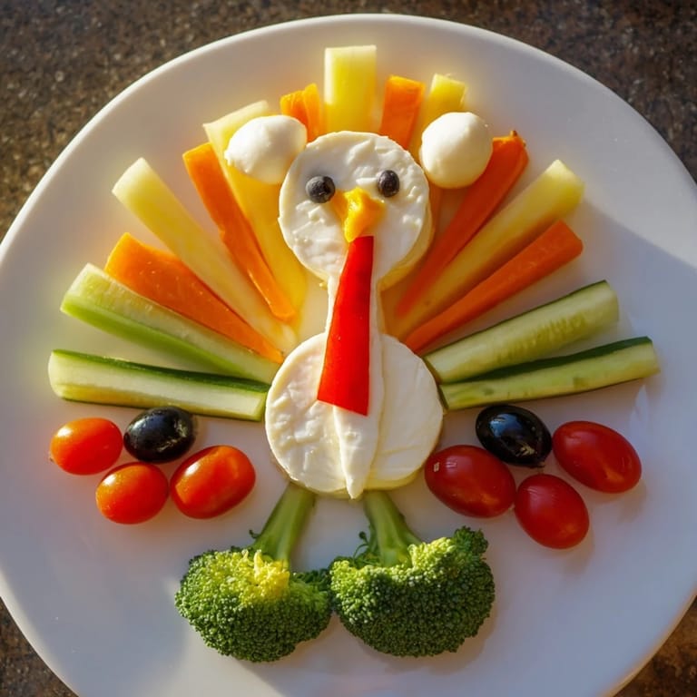 A delightful view of a finished Turkey Shaped Appetizer Tray, perfect for a festive holiday spread, ready to serve.