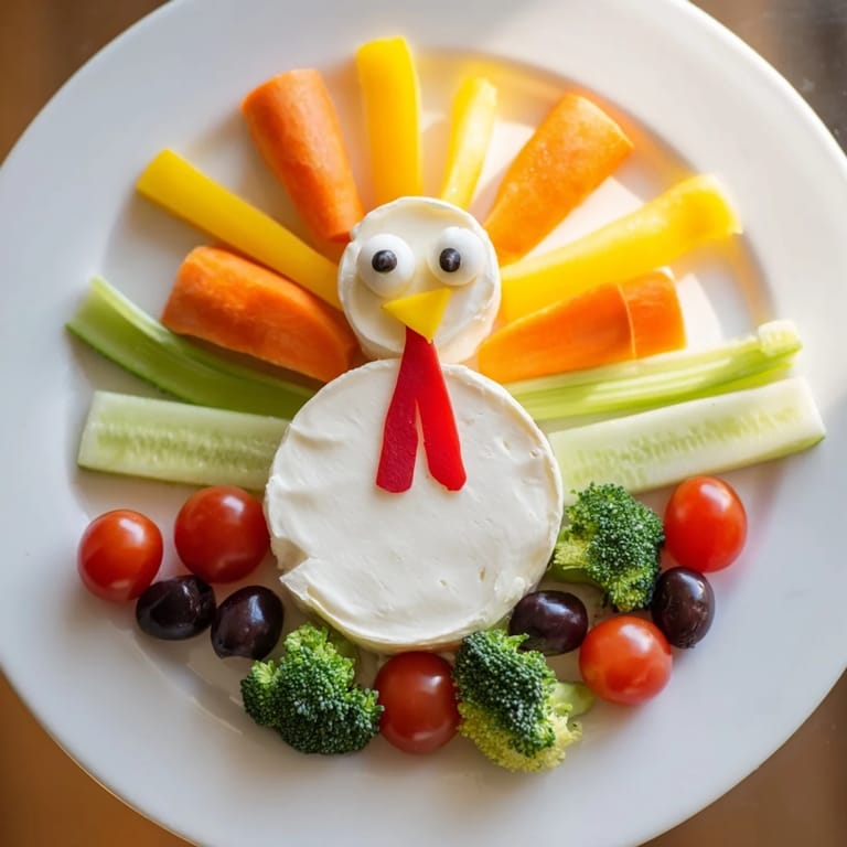 Colorful arrangement of fresh vegetables making up a delicious Turkey Shaped Appetizer Tray, ideal for sharing.