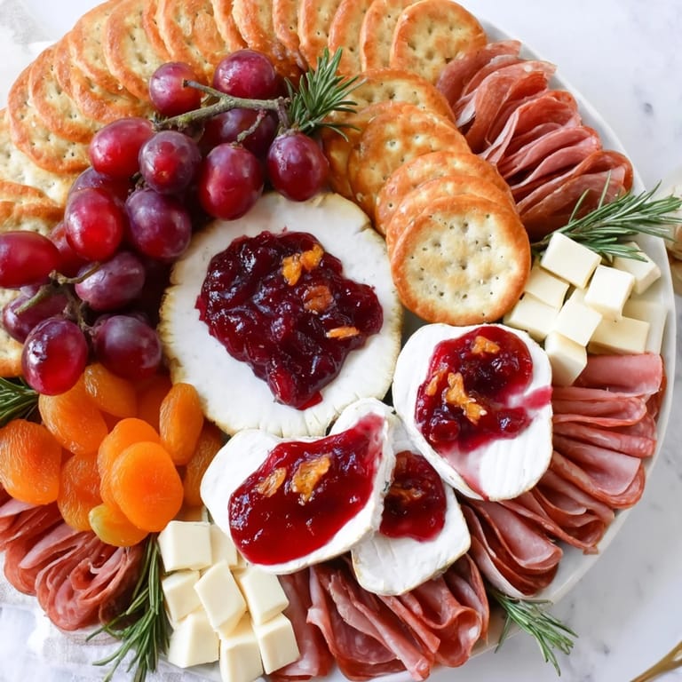 A close-up of a colorful Cranberry Wreath Platter showcasing assorted cheeses, meats and fruit.