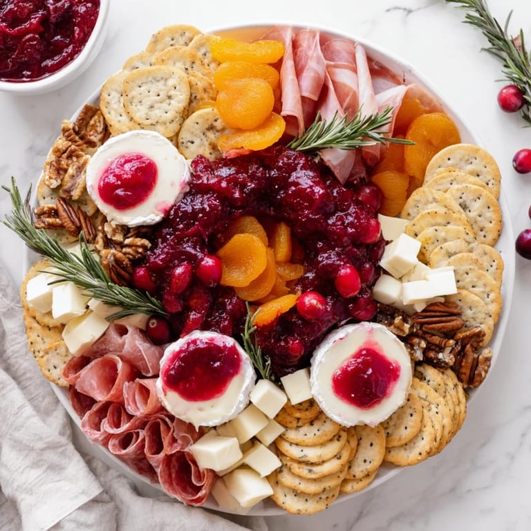 Holiday appetizer: A delicious Cranberry Wreath Platter with a beautiful arrangement of party snacks.
