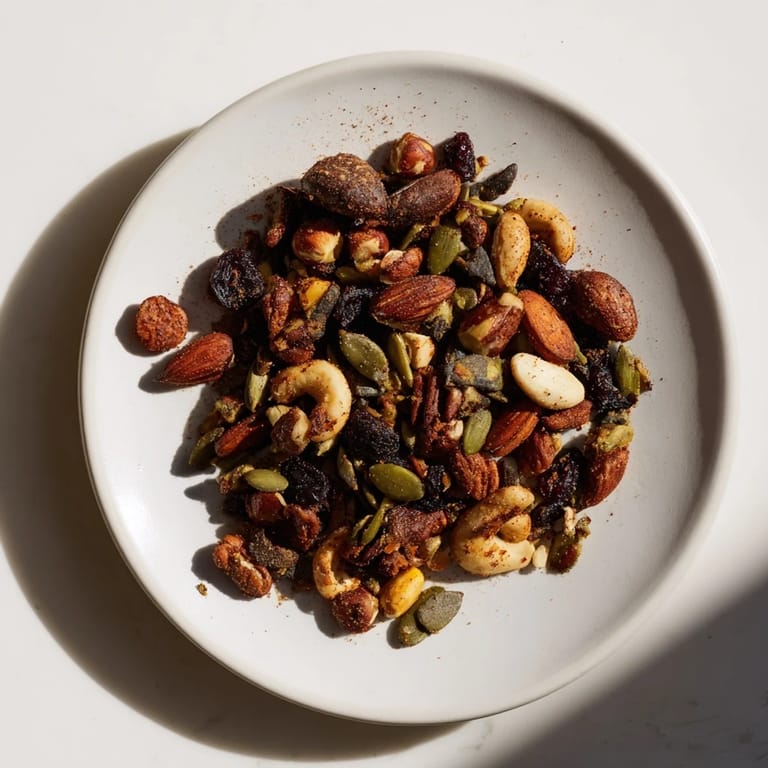 A warm, inviting shot of the homemade acorn & oak snack mix ready for serving, lightly spiced.