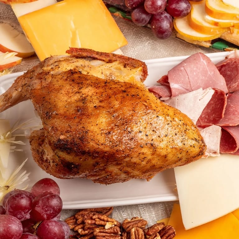 Holiday charcuterie featuring golden brown Thanksgiving Turkey Legs, surrounded by festive fruits and cheeses.