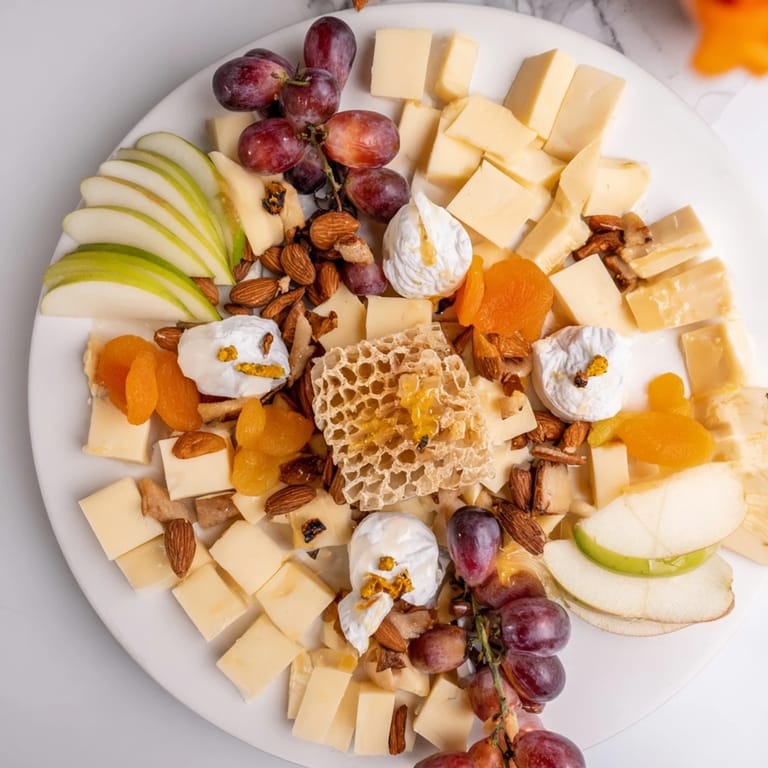A beautiful, close-up view of a Busy Bee Honeycomb Snack Plate, perfect for a flavorful appetizer.