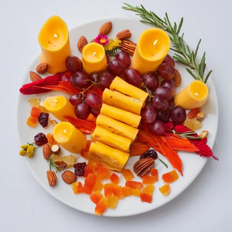 Imagine a cozy Flicker Fire Log Snack Board: breadstick logs surrounded by cheese, fruits, and tasty treats.