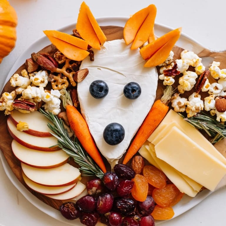 Detailed shot of a gorgeous Whimsical Fox Fall Treat Board: crackers, fruit, and fox-shaped goat cheese.