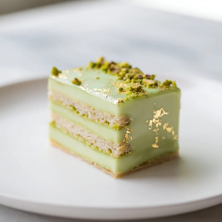 Elegant arrangement of Grenouille Royale Petits Fours, garnished with pistachios and gold, ready to serve.