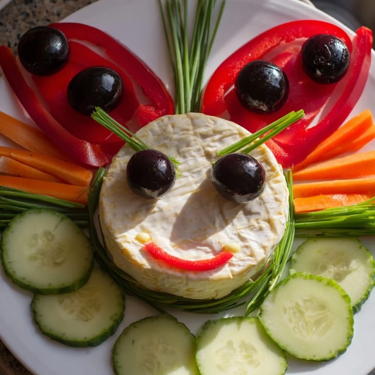 A delightful view of a Coccinelle Amusante Planche Pique-Nique, featuring arranged veggies and creamy dips perfect for sharing.