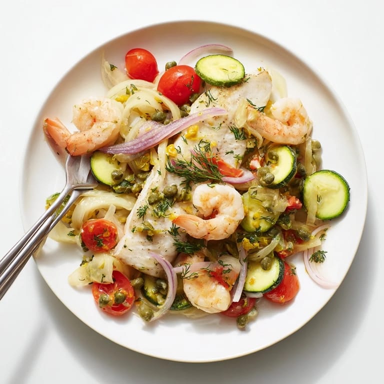 Enjoy the delicious "Plongeons dans l'Océan Poisson Bleu": baked seafood dish with plump shrimp and fresh herbs.