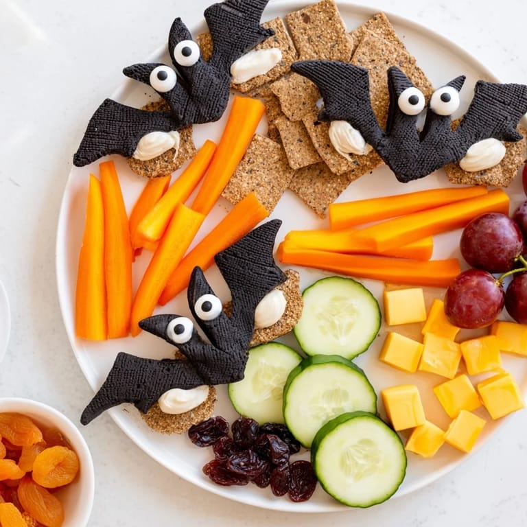 A colorful snack board displays the festive Flying Bat Halloween treats with vibrant vegetables and cheese.