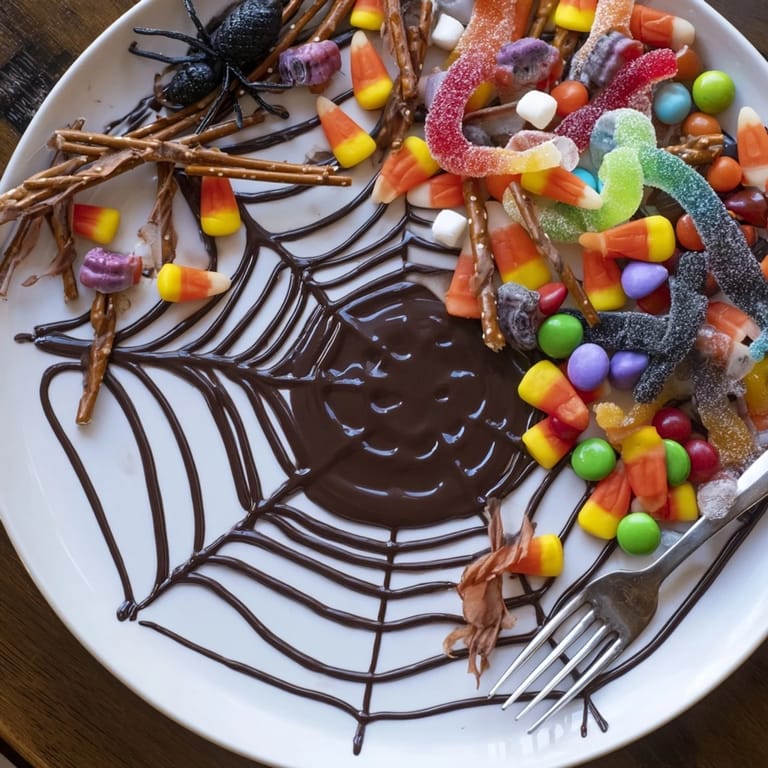 Delicious homemade spiderweb candy platter with gummy spiders and chocolate arranged for a spooky dessert.
