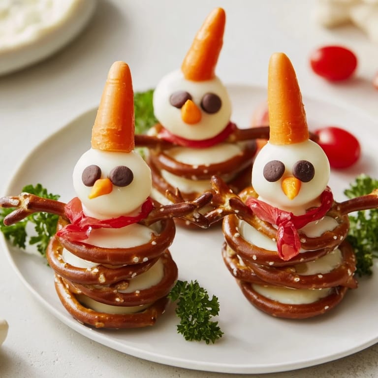 Festive snowman pretzel snacks, featuring mini pretzels arranged charmingly with flavorful dairy dips.