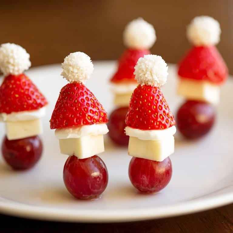 This Santa Hat Fruit and Cheese Platter features red and white delights—perfect for a holiday appetizer.