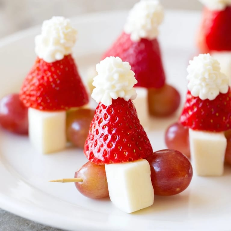 Enjoy the delicious Santa Hat Fruit and Cheese Platter: strawberries and grapes atop creamy mozzarella.