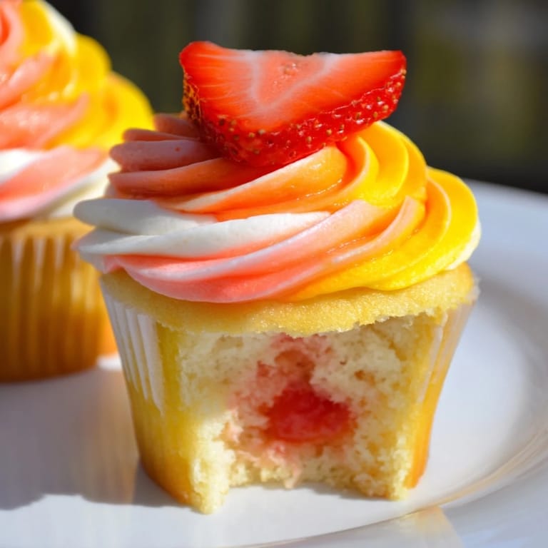 These delicious Mango Strawberry Sunset Cupcakes feature a bright sunset swirl and fresh fruit garnish.