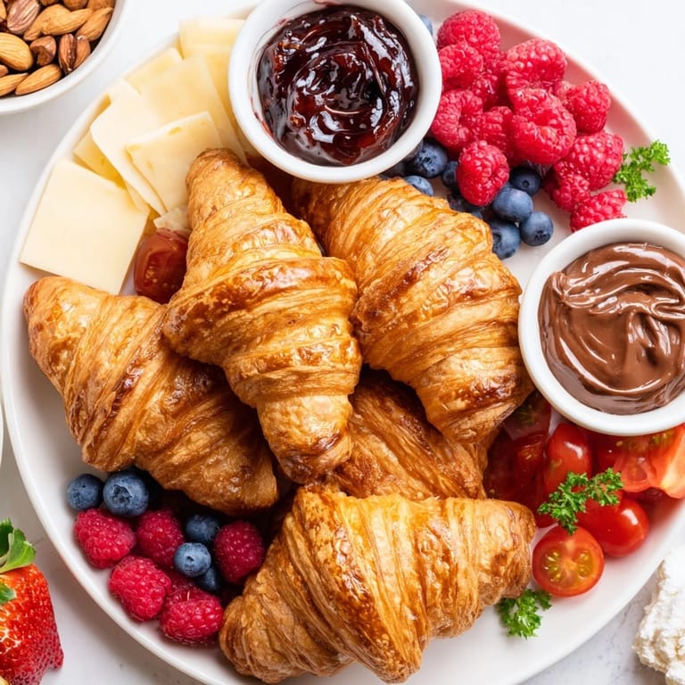 Close-up of a delightful Cozy Fireplace Croissant Board offering a selection of sweet and savory toppings.