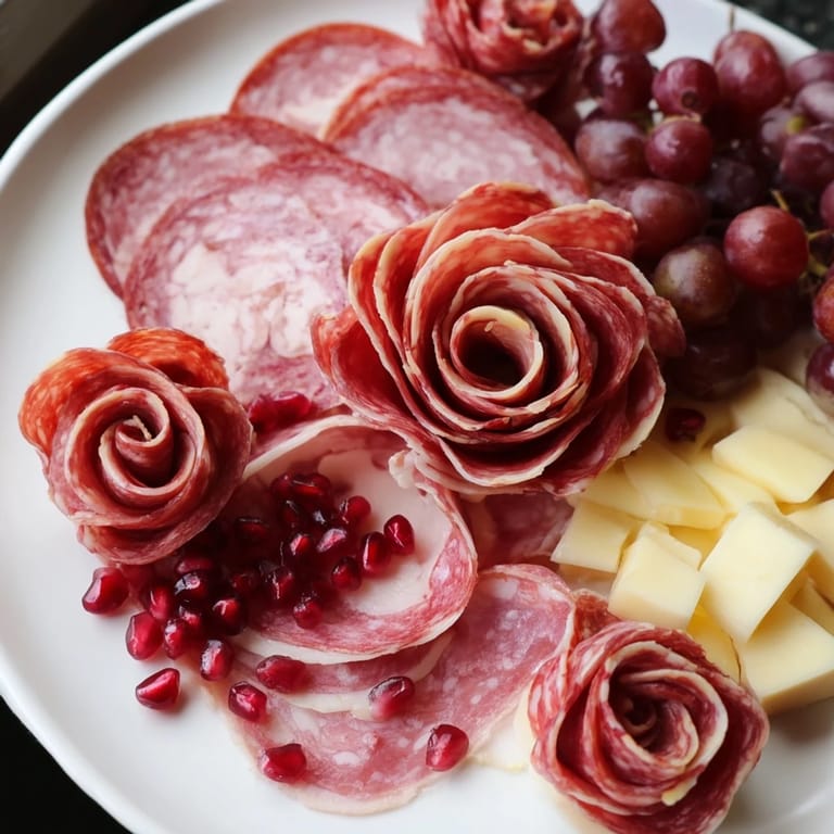 Visually appealing charcuterie: enjoy this meat rose bouquet alongside crackers, nuts, and olives.