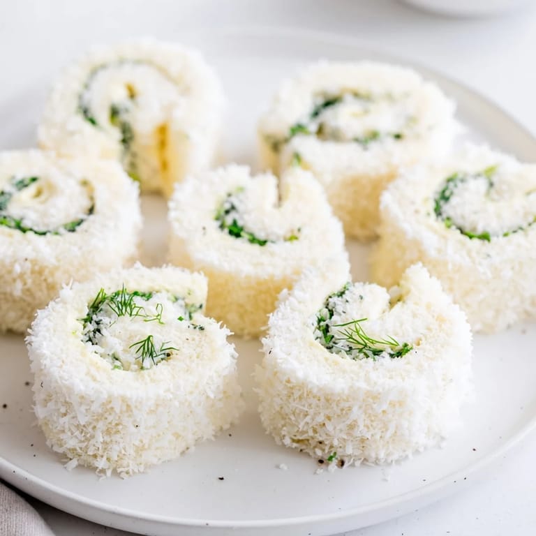 Creamy filling and coconut coating define these whimsical Snowball Tea Sandwich Bites, perfect finger food.