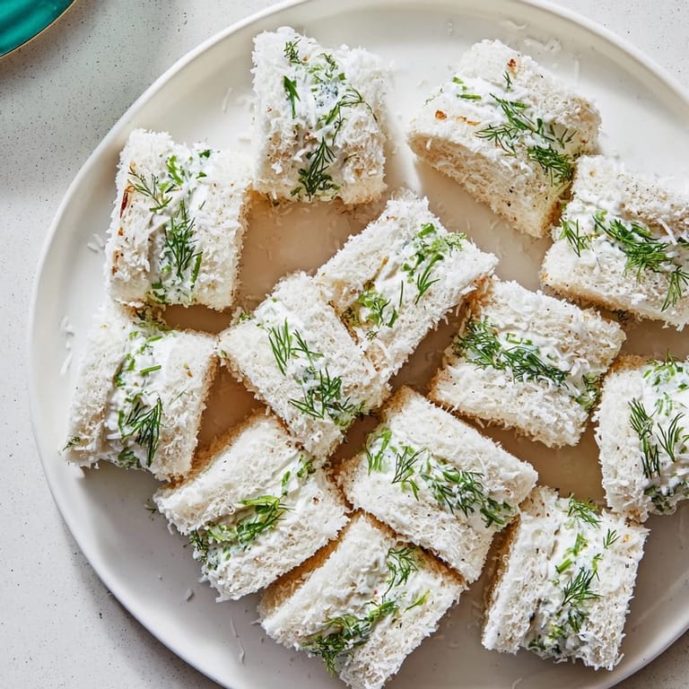 Fluffy Snowball Tea Sandwich Bites with a creamy cream cheese filling, beautiful for the holidays.