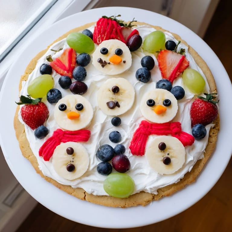 Adorable Melting Snowman Fruit Pizza ready to serve, featuring a sweet cookie base and colorful toppings.